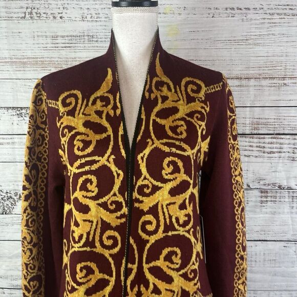 Vertigo Paris Gold Burgundy Motif Wool Open Front Long Cardigan Duster sz Small - Picture 5 of 16